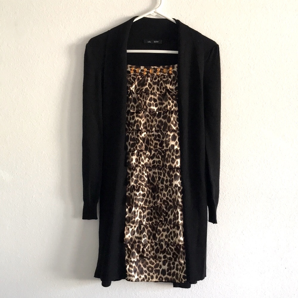 Leopard print long sleeves wool dress in black size S